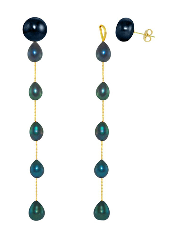 Vera Perla 18K Yellow Gold Dangle Earrings for Women, with 5mm Pearl Stone, Blue/Gold