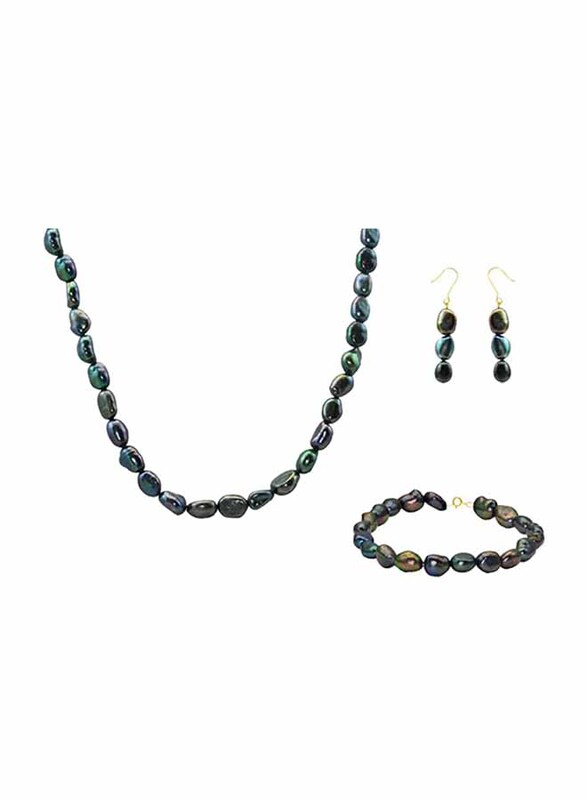 فيرا بيرلا طقم مجوهرات من الذهب عيار 18 قيراط للنساء مكون من سلسال و سوار وأقراط، مع حجر اللؤلؤ - أزرق