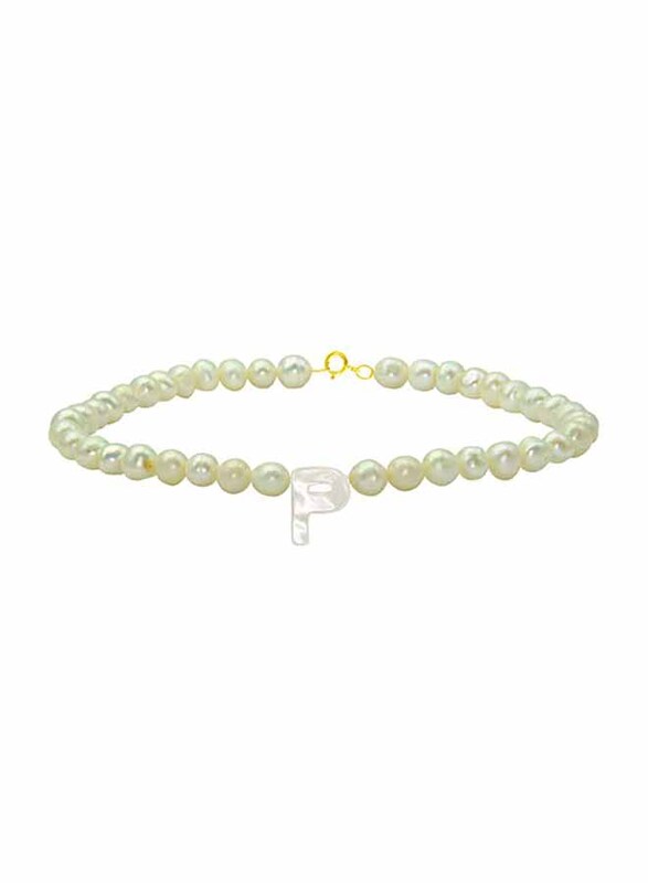Vera Perla 18K Gold Strand Beaded Bracelet for Women, with Letter P Mother of Pearl and Pearl Stone, White