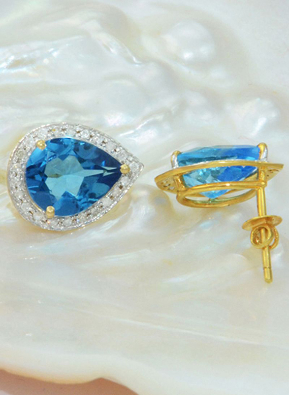 Vera Perla 18K Gold Stud Earrings for Women, with 0.24 ct Genuine Diamond and Drop Cut Swiss Topaz, Blue/Clear