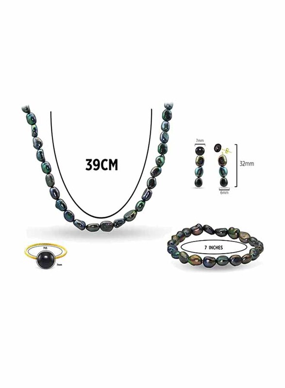 Vera Perla 4-Pieces 10K Gold Jewellery Set for Women, with 39cm Necklace, Ring, Bracelet and Earrings, with Pearl Stones, Jade