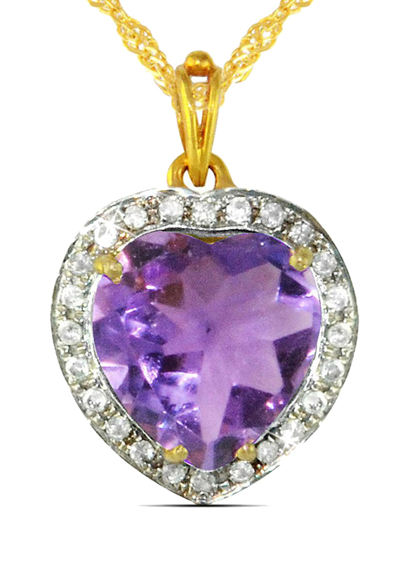 Vera Perla 18K Gold Necklaces for Women, with 0.14ct Genuine Diamonds and Heart Cut Amethyst Stone Pendant, Gold/Purple
