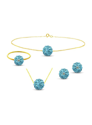Vera Perla 4-Pieces 18K Solid Yellow Gold Simple Pendant Necklace, Bracelet, Ring and Earrings Set for Women, with 10mm Crystal Ball, Aqua/Gold
