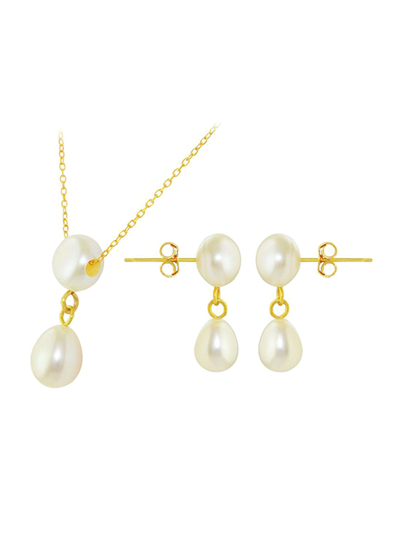 Vera Perla 18k Gold Earrings and Pendant Necklace Set for Women, with Pearl Stone, White/Gold