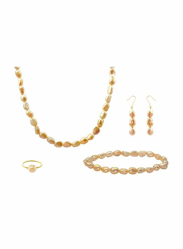 Vera Perla 4-Pieces 18K Gold Strand Jewellery Set for Women, with Necklace, Bracelet, Earrings and Ring, with Pearl Stones, Rose Gold