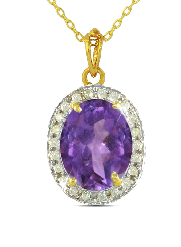 Vera Perla 18K Gold Necklace for Women, with 0.12ct Diamonds and Oval Cut Amethyst Stone Pendant, Gold/Purple