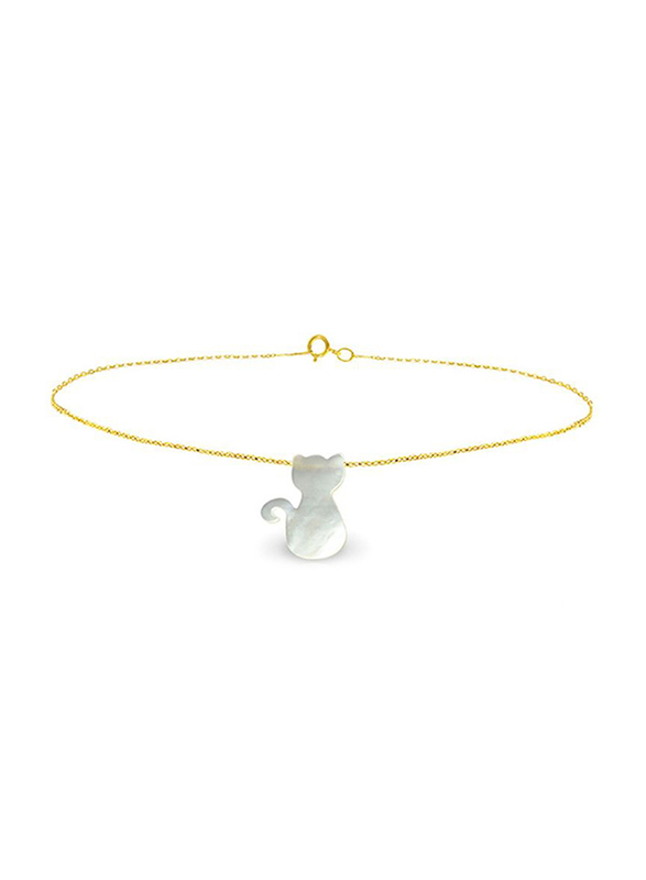 Vera Perla 18K Gold Chain Bracelet for Women, with Cat Shape Mother of Pearl Stone, Gold/White