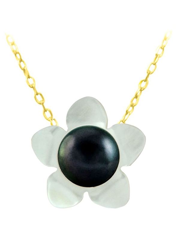 Vera Perla 18k Solid Yellow Gold Chain Necklace for Women, with 13mm Mother of Pearl Flower Shape and 7mm Pearl Pendant, White/Black