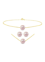 Vera Perla 3-Pieces 10K Gold Jewellery Set for Women, with Necklace, Bracelet & Earrings, with Pearl Stone, Gold/Purple