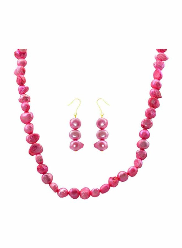 Vera Perla 2-Pieces 18K Gold Strand Jewellery Set for Women, with Necklace and Earrings, with Genuine Pearl Stones, Pink