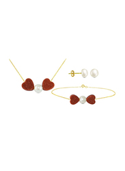 Vera Perla 3-Pieces 18k Gold Jewellery Set for Women, with Necklace, Bracelet and Earrings, with Heart Sandstone and Pearl, Gold/White/Red