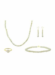 Vera Perla 4-Pieces 10K Gold Jewellery Set for Women, with 36cm Necklace, Bracelet, Ring and Earrings, with Pearl Stones, Off White