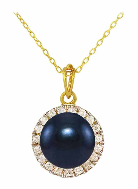 Vera Perla 18k Solid Yellow Gold Pendant Necklace for Women, with 0.10ct Genuine Diamonds and 6-7mm Pearl, Blue/Gold