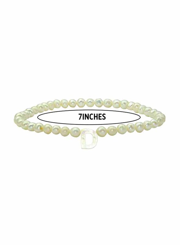 Vera Perla Elastic Stretch Bracelet for Women, with Letter D Mother of Pearl and Pearl Stone, White
