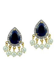 Vera Perla 18K Gold Drop Earrings for Women, with 0.24 ct Genuine Diamonds and Royal Indian Sapphire Stone, Blue/White
