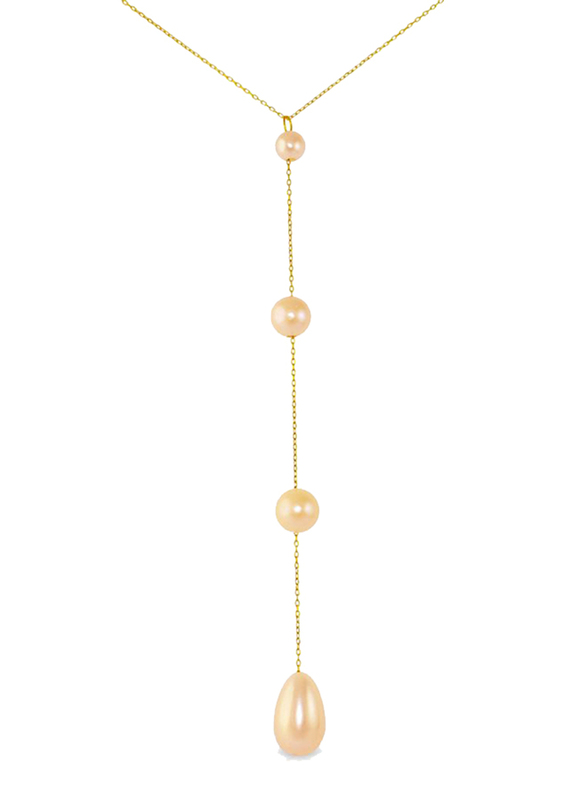 Vera Perla 18K Gold Lariat Necklace for Women, with Built-in Gradual and Drop Pearls Stone, Gold/Pink