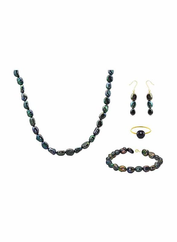 Vera Perla 4-Pieces 18K Gold Strand Jewellery Set for Women, with Necklace, Bracelet, Earrings and Ring, with Pearl Stones, Blue