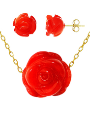 Vera Perla 2-Pieces 18K Yellow Gold Jewellery Set for Women, with Necklace and Earrings, with 8-9mm Rose Carved Coral Stone, Gold/Red