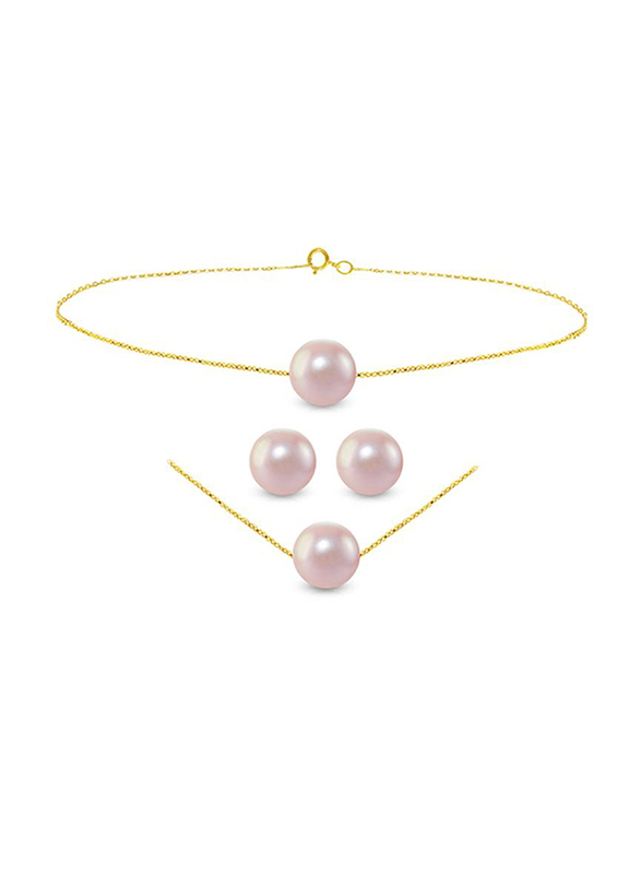 Vera Perla 3-Pieces 18K Gold Jewellery Set for Women, with Necklace, Bracelet & Earrings, with Pearl Stone, Gold/Purple