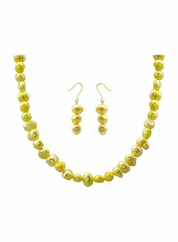 Vera Perla 2-Pieces 18K Yellow Gold Strand Jewellery Set for Women, with Necklace and Earrings, with Pearl Stones, Gold