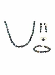 Vera Perla 4-Pieces 18K Gold Strand Jewellery Set for Women, with Necklace, Lobster Bracelet, Earrings and Ring, with Pearl Stones, Blue