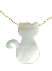 Vera Perla 18K Gold Pendant Necklace for Women with Cat Shape Mother of Pearl Pendant, White/Gold