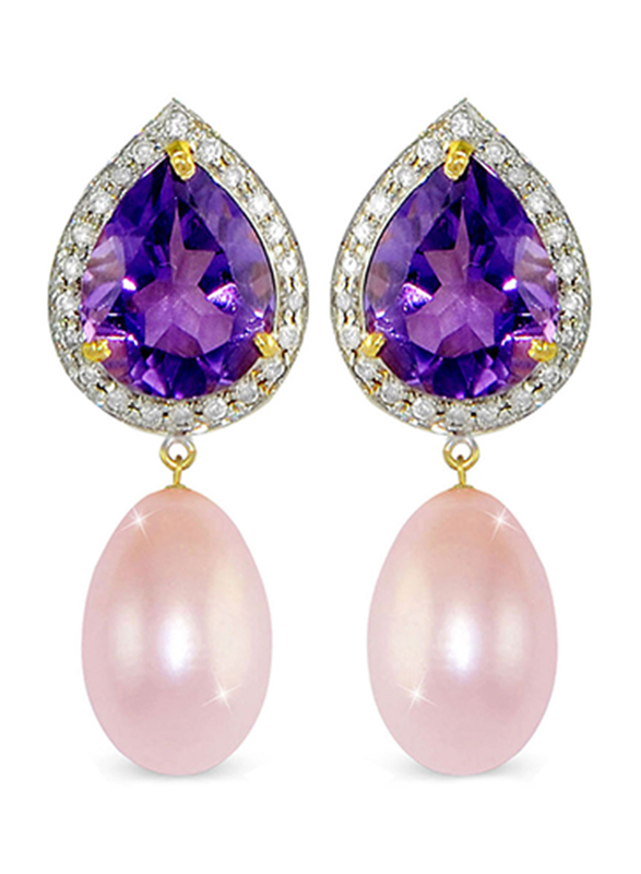 Vera Perla 18K Gold Pearl Stone Dangle Earring for Women, with 0.24 ct Genuine Diamond & Amethyst Stone, Purple