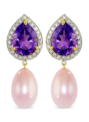 Vera Perla 18K Gold Pearl Stone Dangle Earring for Women, with 0.24 ct Genuine Diamond & Amethyst Stone, Purple