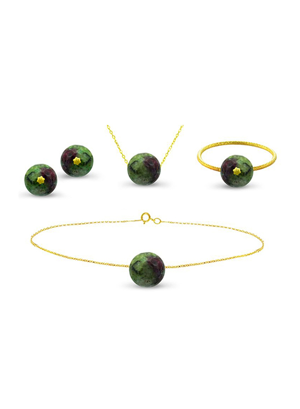 Vera Perla 4-Pieces 18K Solid Yellow Gold Pendant Necklace for Women, with Earrings, Chain Bracelet and Ring, with Ruby Zoisite Stone, Green/Gold