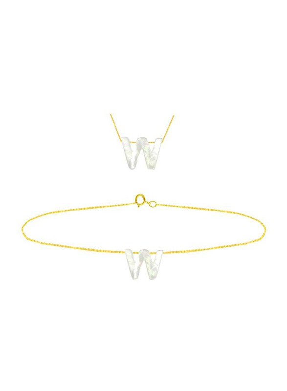 Vera Perla 2-Pieces 18k Yellow Gold W Letter Jewellery Set for Women, with Necklace and Earrings, with Mother of Pearl Stone, Gold/White