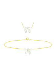 Vera Perla 2-Pieces 18k Yellow Gold W Letter Jewellery Set for Women, with Necklace and Earrings, with Mother of Pearl Stone, Gold/White