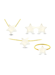 Vera Perla 4-Pieces 18K Gold Jewellery Set for Women, with Necklace, Earrings, Bracelet and Ring, with Star Shape Mother of Pearl Stone, White/Gold
