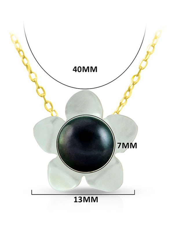Vera Perla 18k Solid Yellow Gold Chain Necklace for Women, with 13mm Mother of Pearl Flower Shape and 7mm Pearl Pendant, White/Black