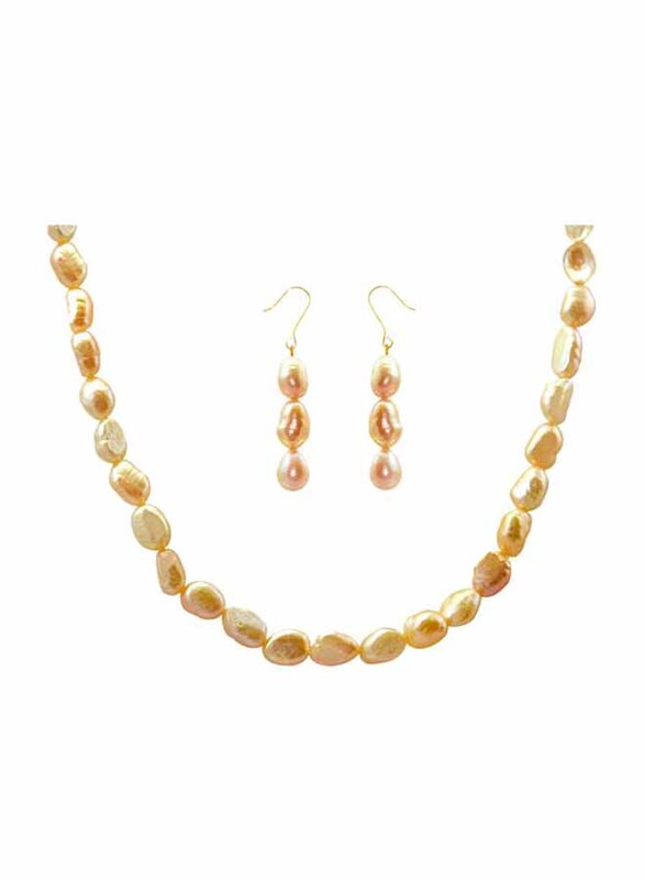 Vera Perla 2-Pieces 18K Gold Strand Jewellery Set for Women, with Necklace and Earrings, with Pearl Stones, Beige