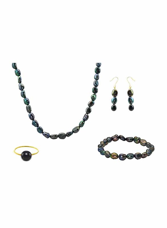 Vera Perla 4-Pieces 10K Gold Jewellery Set for Women, with Necklace, Ring, Bracelet and Earrings, with Pearl Stones, Jade