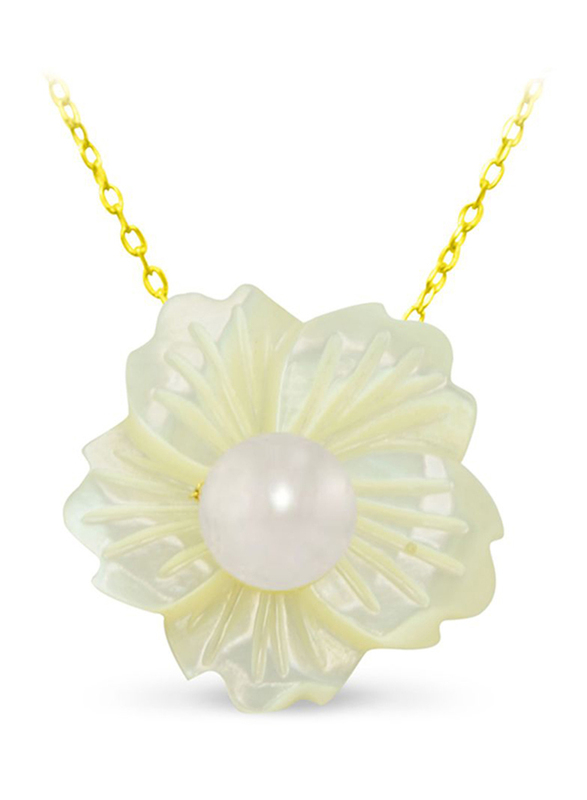 Vera Perla 18K Solid Yellow Gold Pendant Necklace for Women, with 19mm Flower Shape Mother of Pearl and 6-7mm Pearl Stone, White/Gold