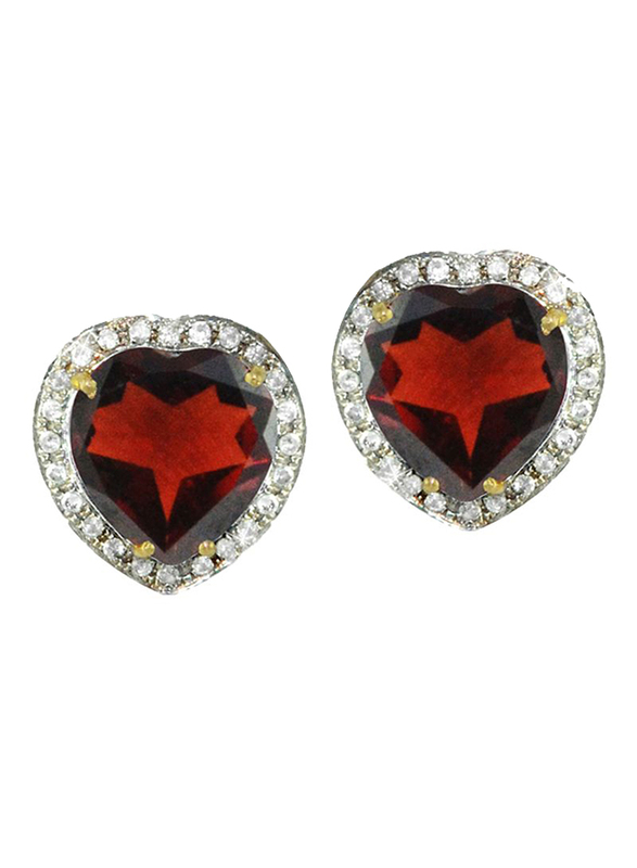Vera Perla 18K Gold Stud Earrings for Women, with 0.28 ct Genuine Diamonds and Heart Cut Garnet Stone, Red