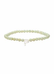 Vera Perla Elastic Stretch Bracelet for Women, with Letter P Mother of Pearl and Pearl Stone, White