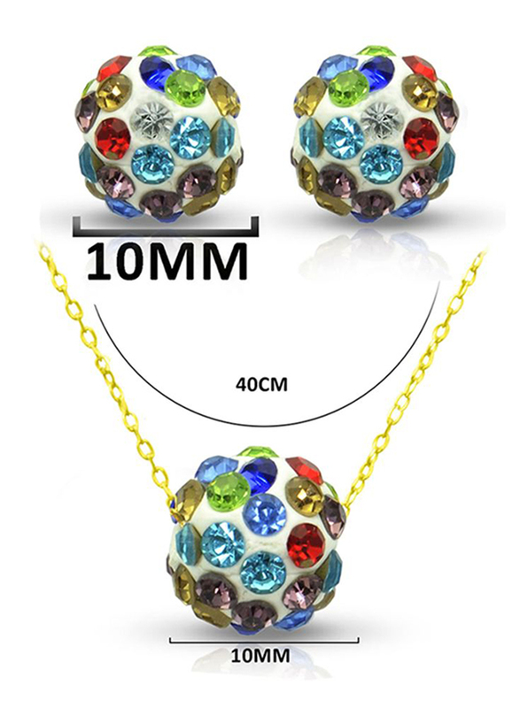 Vera Perla 2-Pieces 10K Solid Gold Jewellery Set for Women, with Necklace and Earrings, with 10 mm Crystal Ball, Gold/Blue/Red/Green