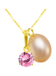 Vera Perla 18K Solid Yellow Gold Necklace for Women, with Zircon and 7 mm Pearl Stone Pendant, Pink/Gold/Peach