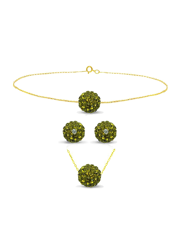 Vera Perla 3-Pieces 10K Solid Jewellery Set for Women, with Necklace, Bracelet and Earrings, with 10 mm Crystal Ball, Gold/Green