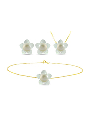 Vera Perla 3-Pieces 18K Solid Yellow Gold Jewellery Set for Women, with Necklace, Bracelet and Earrings, with 13mm Mother of Pearl Flower Shape and 7mm Pearl Stones, Gold/Jade/White