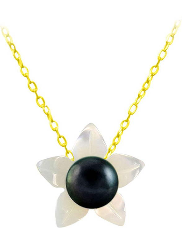 Vera Perla 18k Solid Yellow Gold Chain Necklace for Women, with Mother of Pearl Flower Shape and 4mm Pearl Pendant, White/Black