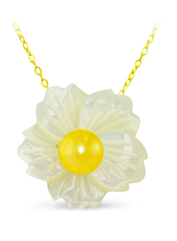 Vera Perla 18K Solid Yellow Gold Pendant Necklace for Women, with 19mm Flower Shape Mother of Pearl and 6-7mm Pearl Stone, White/Gold/Yellow