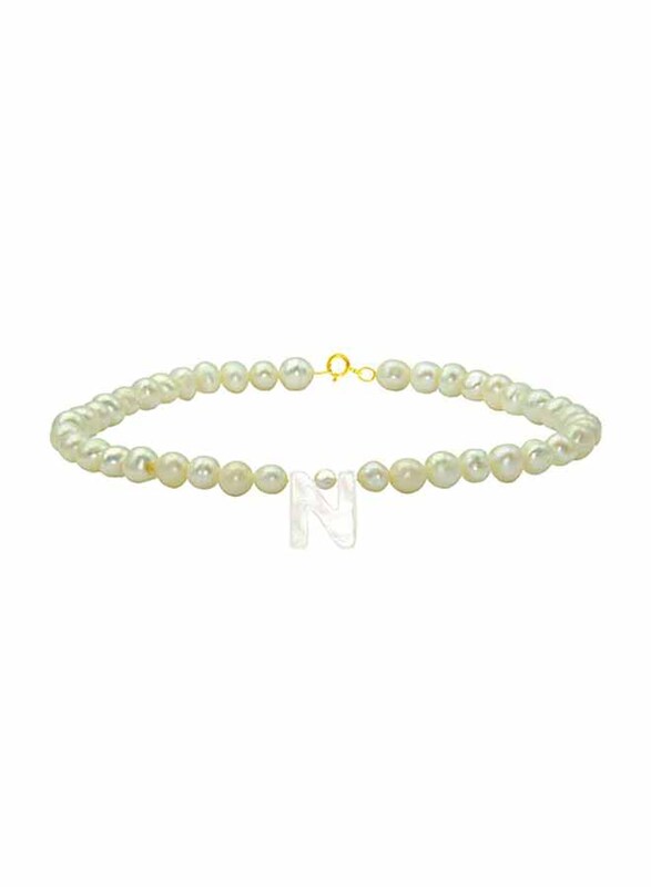 Vera Perla 18K Gold Strand Beaded Bracelet for Women, with Letter N Mother of Pearl and Pearl Stone, White
