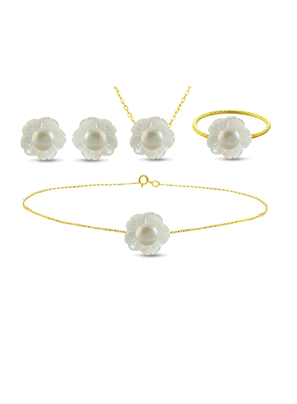 Vera Perla 4-Pieces 18K Solid Yellow Gold Jewellery Set for Women, with Necklace, Bracelet, Earrings and Ring, with Mother of Pearl Shell and 4mm Pearl Stones, White/Gold