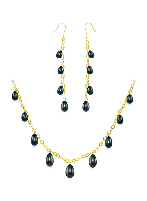 Vera Perla 2-Pieces 18K Gold Chain Drop Jewellery Set for Women, with Necklace and Earrings, with Pearl Stone, Gold/Black