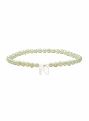 Vera Perla Elastic Stretch Bracelet for Women, with Letter N Mother of Pearl and Pearl Stone, White
