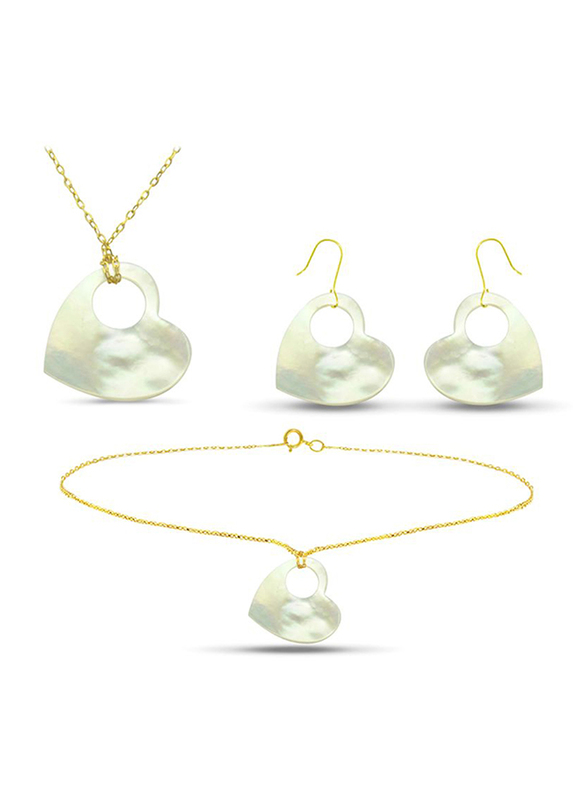 Vera Perla 3-Pieces 18K Gold Jewellery Set for Women, with Necklace, Earrings and Bracelet, with Heart Hole Shape Mother of Pearl Stone, White