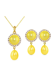 Vera Perla 2-Pieces 18K Gold Jewellery Set for Women, with Necklace and Earrings, with 0.30 ct Genuine Diamonds and Pearl, Yellow